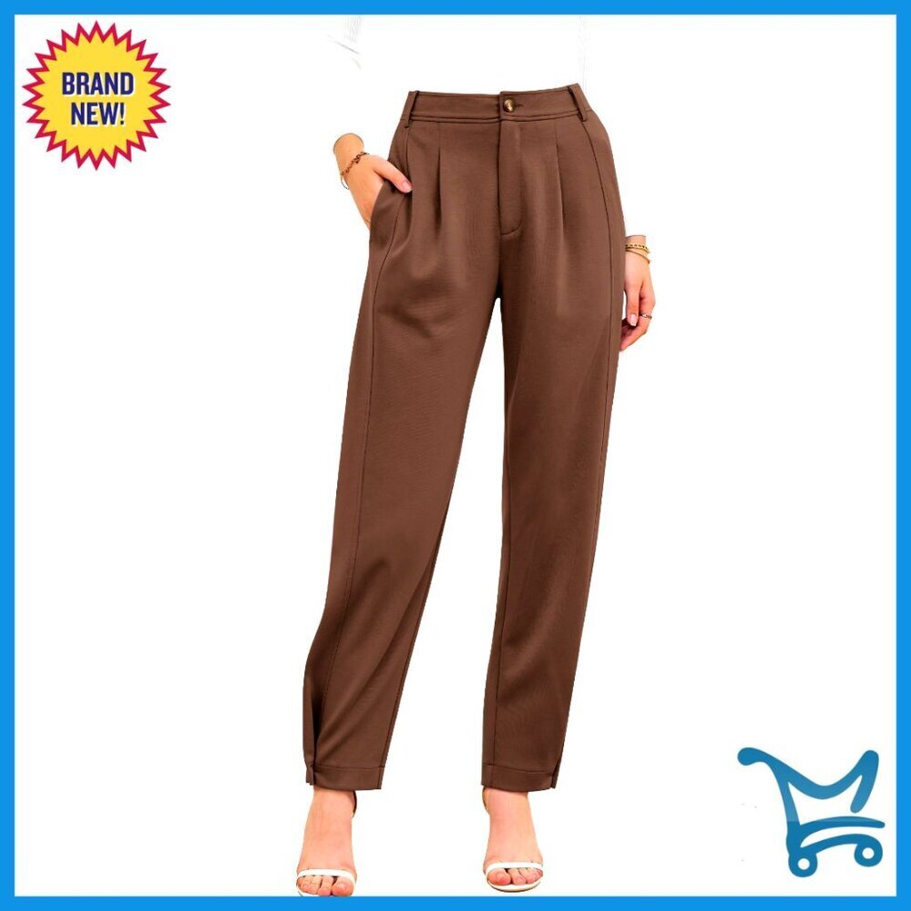 High Waist Tapered Trousers with Pockets, Polyester Blend, Business Casual